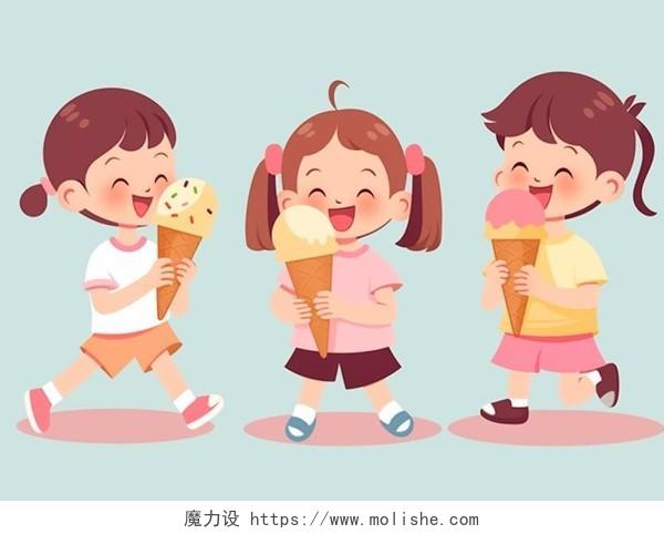 夏日夏季孩子在开心的吃冰激凌甜筒的卡通风格插画